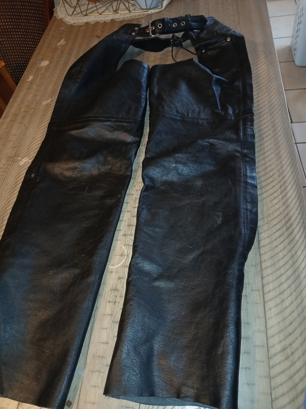 Black Leather Motorcycle Chaps with Belted Waist